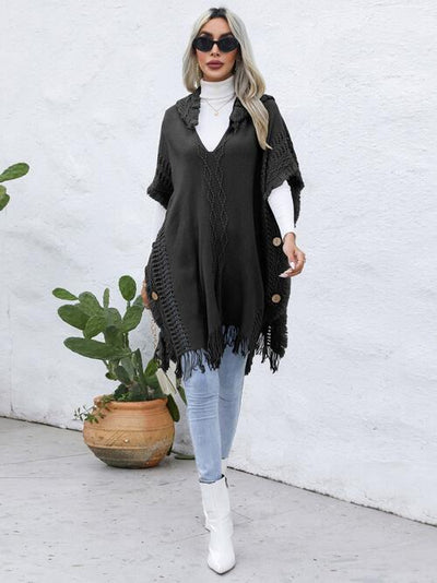 BEAUTIFUL I AM Fringe Trim Buttoned Hooded Poncho