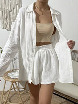 BEAUTIFUL I AM Dropped Shoulder Button Up Top and Elastic Waist Shorts Set