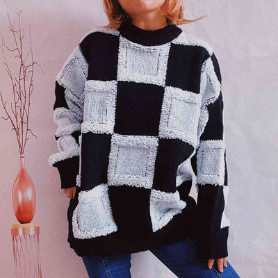 BEAUTIFUL I AM Checkered Round Neck Long Sleeve Sweater