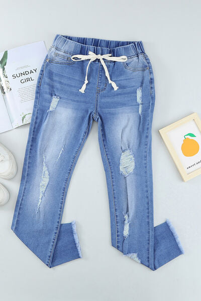 BEAUTIFUL I AM Drawstring Distressed Raw Hem Jeans with Pockets