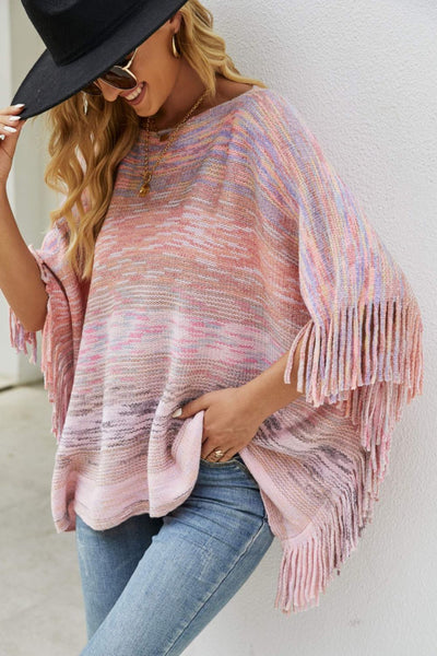 BEAUTIFUL I AM Round Neck Fringe Detail Poncho