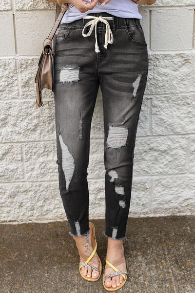 BEAUTIFUL I AM Drawstring Distressed Raw Hem Jeans with Pockets