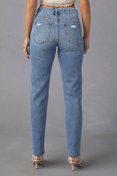 BEAUTIFUL I AM Distressed Raw Hem Straight Jeans with Pockets