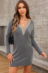 BEAUTIFUL I AM V-Neck Long Sleeve Mini Sweater Dress