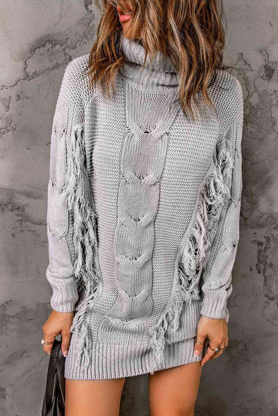 BEAUTIFUL I AM Turtleneck Fringe Detail Sweater Dress