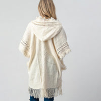 BEAUTIFUL I AM Fringed Crochet Buttoned Hooded Poncho