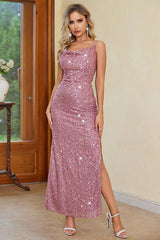 BEAUTIFUL I AM Sequin Slit Spaghetti Strap Dress