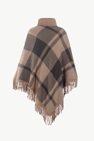 BEAUTIFUL I AM Plaid Turtleneck Fringe Hem Poncho