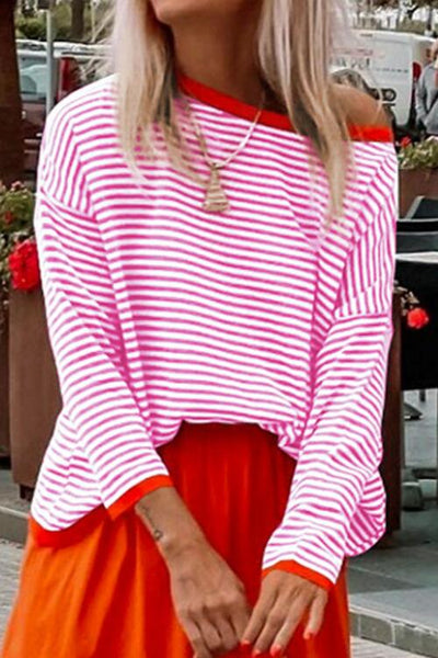 BEAUTIFUL I AM Striped Round Neck Drop Shoulder Shirt