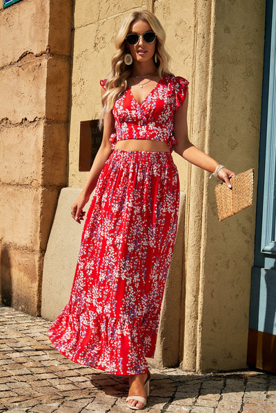 BEAUTIFUL I AM Printed Tie Back Cropped Top and Maxi Dress Set