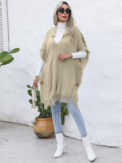 BEAUTIFUL I AM Fringe Trim Buttoned Hooded Poncho