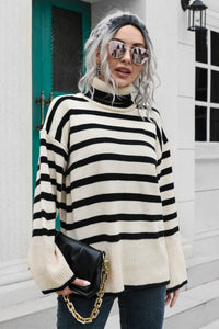 BEAUTIFUL I AM Striped Turtleneck Drop Shoulder Sweater