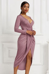 BEAUTIFUL I AM High-low Ruched Surplice Long Sleeve Dress