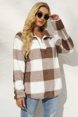 BEAUTIFUL I AM Plaid Half Zip Long Sleeve Sweatshirt