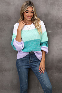 BEAUTIFUL I AM Color Block Round Neck Dropped Shoulder Sweater