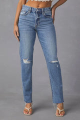 BEAUTIFUL I AM Distressed Raw Hem Straight Jeans with Pockets