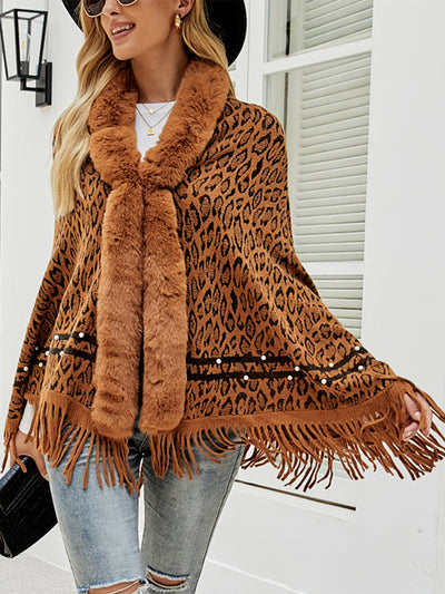 BEAUTIFUL I AM Leopard Fringe Hem Poncho