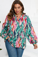 BEAUTIFUL I AM Plus Size Printed Johnny Collar Long Sleeve Blouse Shirt