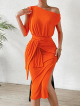 BEAUTIFUL I AM Tie Front Single Shoulder Slit Dress