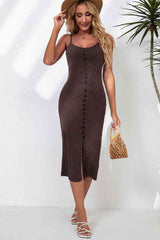 BEAUTIFUL I AM Decorative Button Slit Midi Dress