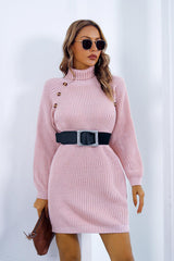 BEAUTIFUL I AM Buttoned Turtleneck Long Sleeve Sweater Dress