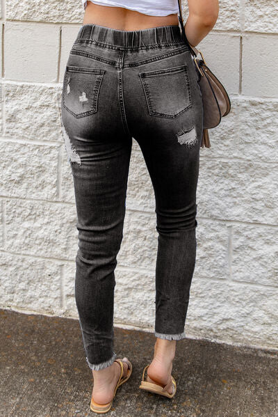 BEAUTIFUL I AM Drawstring Distressed Raw Hem Jeans with Pockets