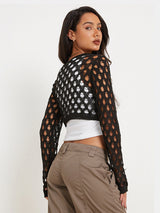 BEAUTIFUL I AM Openwork Long Sleeve Cropped Knit Top Shirt