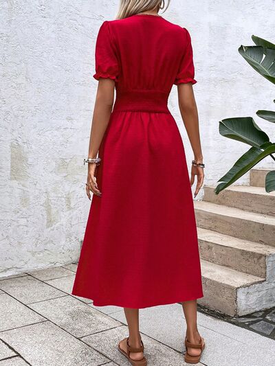 BEAUTIFUL I AM V-Neck Decorative Button Slit Midi Dress