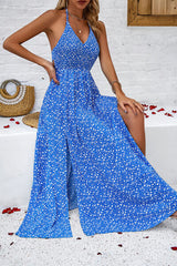 BEAUTIFUL I AM Smocked Slit Tied Printed Dress