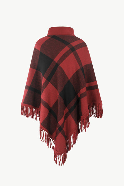 BEAUTIFUL I AM Plaid Turtleneck Fringe Hem Poncho