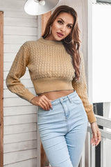 BEAUTIFUL I AM Round Neck Long Sleeve Cropped Sweater