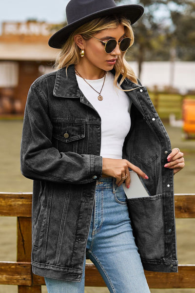 BEAUTIFUL I AM Buttoned Collared Neck Denim Packable Jacket with Pockets