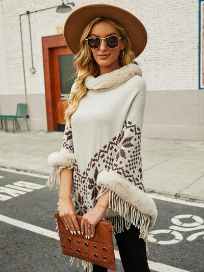 BEAUTIFUL I AM Fringe Geometric Cape Sleeve Poncho