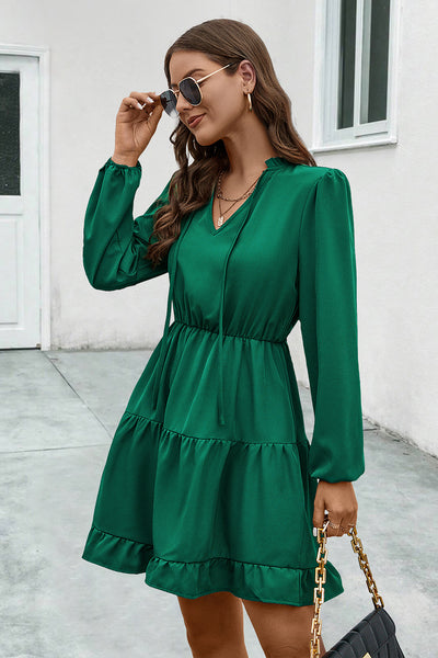 BEAUTIFUL I AM V-Neck Tie Neck Long Sleeve Dress