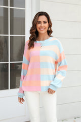 BEAUTIFUL I AM Round Neck Long Sleeve Color Block Dropped Shoulder Pullover Sweater