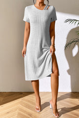 BEAUTIFUL I AM Ribbed Asymmetrical Neck Short Sleeve Dress