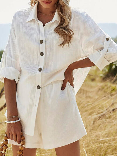 BEAUTIFUL I AM Texture Button Up Shirt and Shorts Set