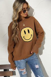 BEAUTIFUL I AM Round Neck Long Sleeve Smily Face Graphic Sweater