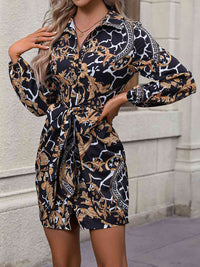 BEAUTIFUL I AM Tie Front Printed Collared Neck Shirt Dress