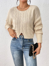 BEAUTIFUL I AM Cable-Knit Slit Drop Shoulder Sweater