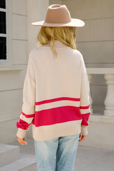 BEAUTIFUL I AM Two-Tone Long Sleeve Zip-Up Knit Top Shirt