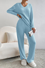 BEAUTIFUL I AM Ribbed V-Neck Top and Pants Set