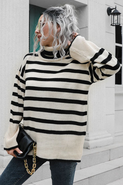 BEAUTIFUL I AM Striped Turtleneck Drop Shoulder Sweater