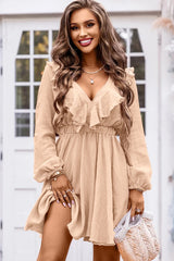 BEAUTIFUL I AM Ruffle Trim V-Neck Long Sleeve Mini Dress