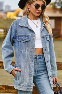 BEAUTIFUL I AM Buttoned Collared Neck Denim Packable Jacket with Pockets