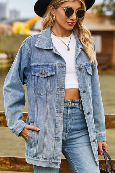 BEAUTIFUL I AM Buttoned Collared Neck Denim Packable Jacket with Pockets