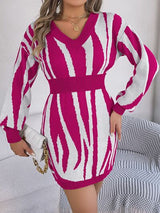 BEAUTIFUL I AM V-Neck Animal Print Long Sleeve Sweater Dress