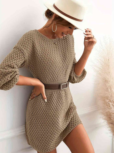 BEAUTIFUL I AM Round Neck Long Sleeve Sweater Dress