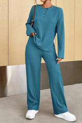 BEAUTIFUL I AM Ribbed Half Button Top and Pants Set