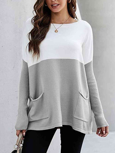 BEAUTIFUL I AM Two Tone Pullover Sweater with Pockets